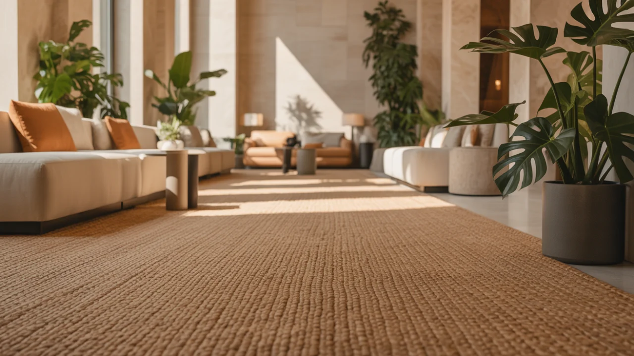 Alfombra de fibras naturales ecológicas en un proyecto de interiorismo contract